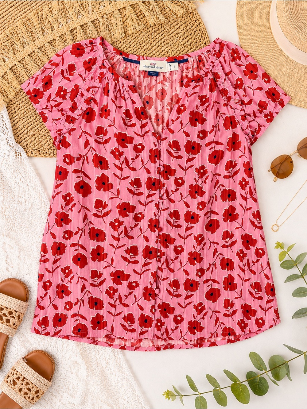 Vineyard Vines Pink Floral Cotton Ruffle Sleeve Button Front Blouse Small